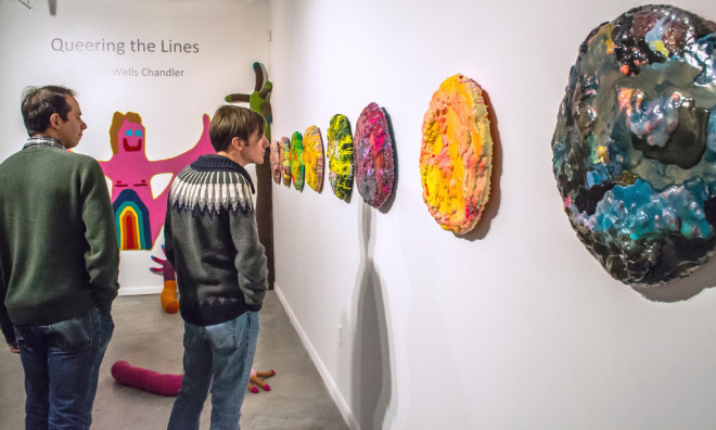 Some of Chandler’s ‘Queering the Lines’ moon wall pieces. Photo: Andres Alcoser.